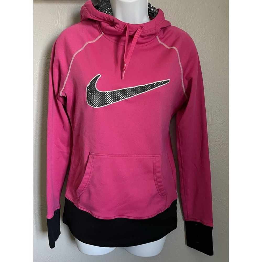 Nike Therma Fit Fleece Pullover Hoodie Pink Swoosh Womens Small Kangaroo Pocket